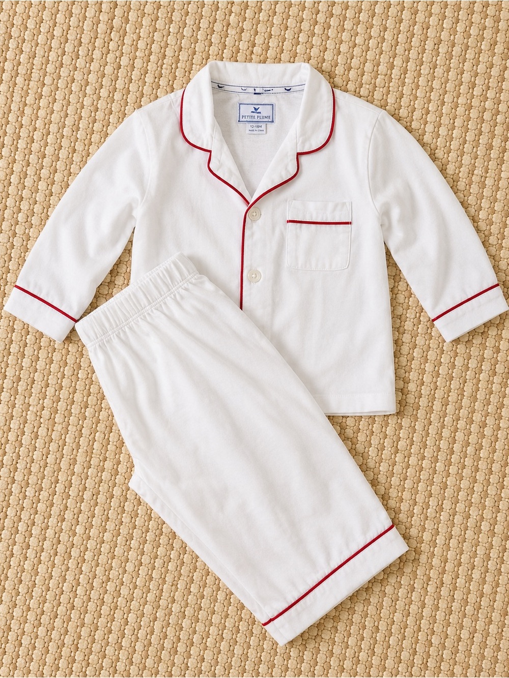 Petite Plume Baby Pajama Set | 12–18 Months | White with Red Piping